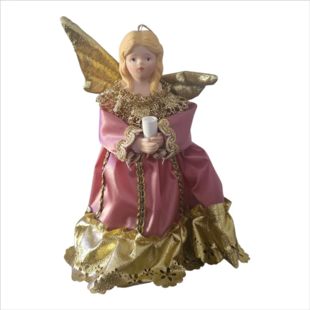 Vintage Angel Christmas Tree Topper Ornament Pink & Gold Dress Holding Light
